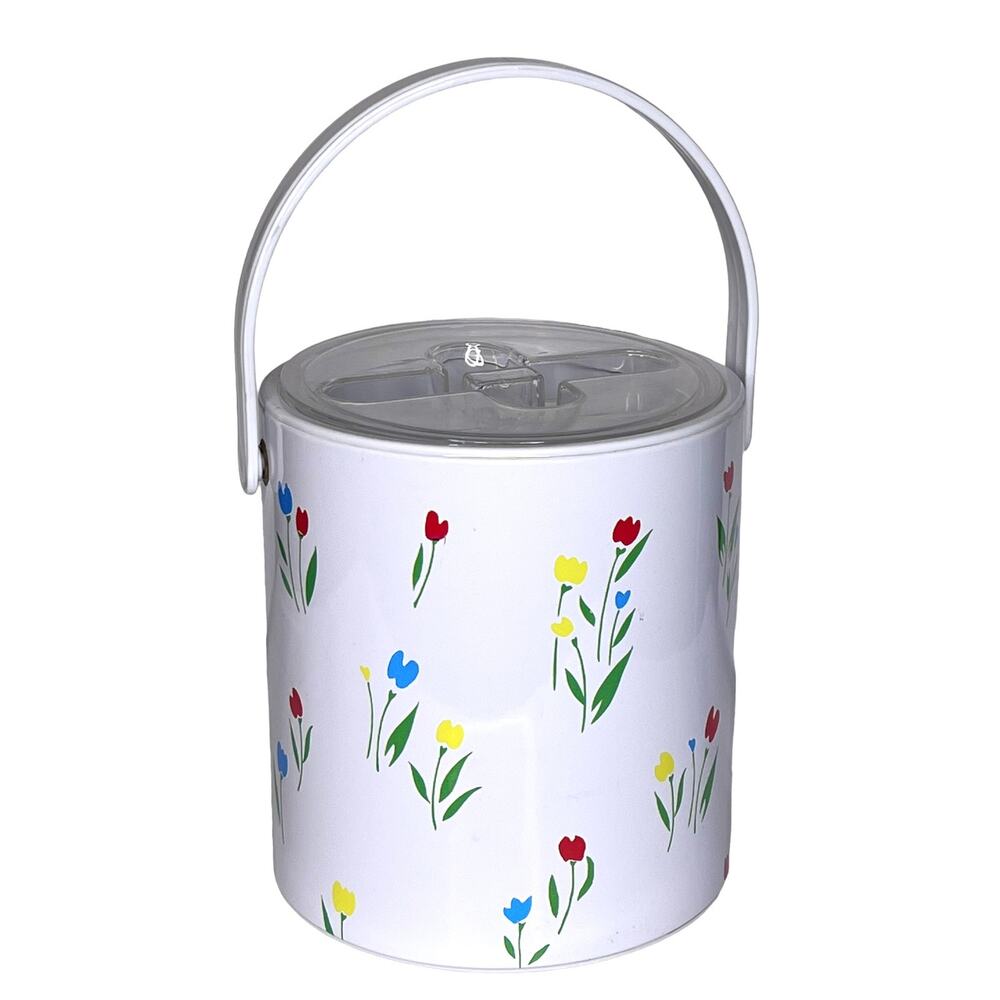 Phoenix Ice Bucket Caddy Lid Strainer Grate Handle Tulip Flowers Mid Century Vtg